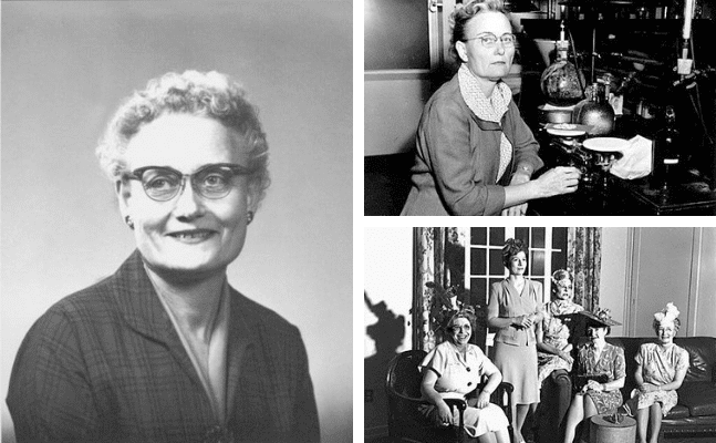 A college of photos of Junia McAlister: A head shot, Junia in a lab, Julia wearing a fancy hat with four other women.