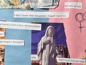 Collage with photos, colored construction paper and strips of typed text