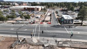 A birds eye view of the intersection of Milton Road and University Drive.