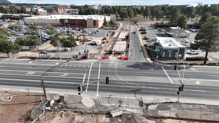 A birds eye view of the intersection of Milton Road and University Drive.
