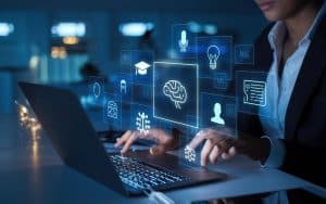 A woman uses a laptop, working with artificial intelligence, as indicated by the floating AI icons. AI-generated