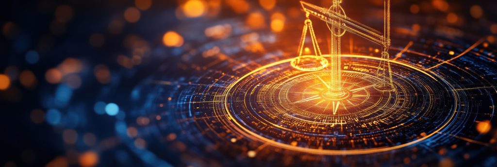 Graphic of digital AI with the scales of justice