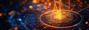 Graphic of digital AI with the scales of justice