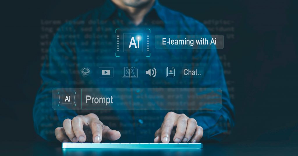 Illustration of man typing on a keyboard with AI script on top
