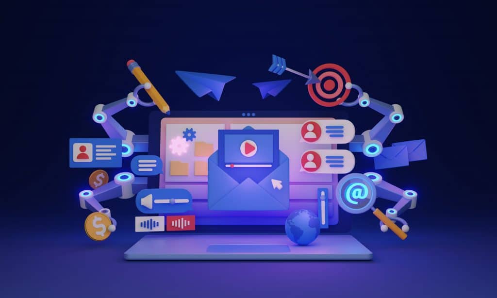Illustration showing a computer with social media icons to illustrate AI's use in social media