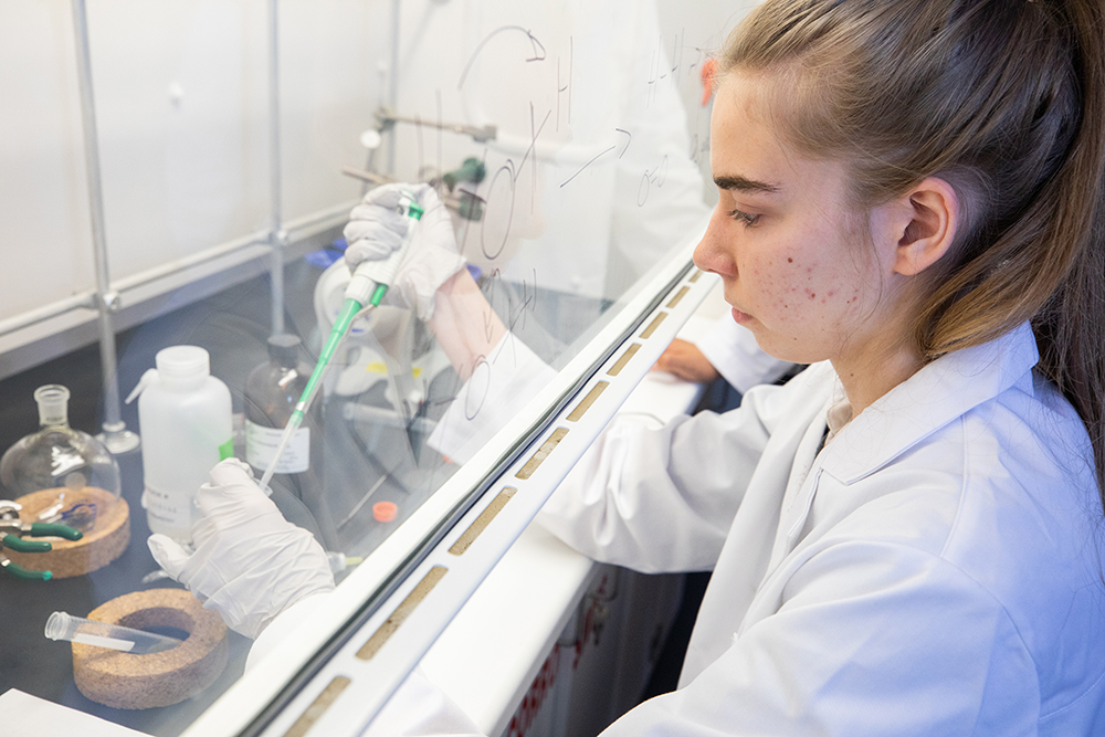 A student works in a chemistry lab under a chemistry hood.