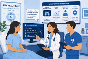 AI image of a doctor and nurse talking to a patient.
