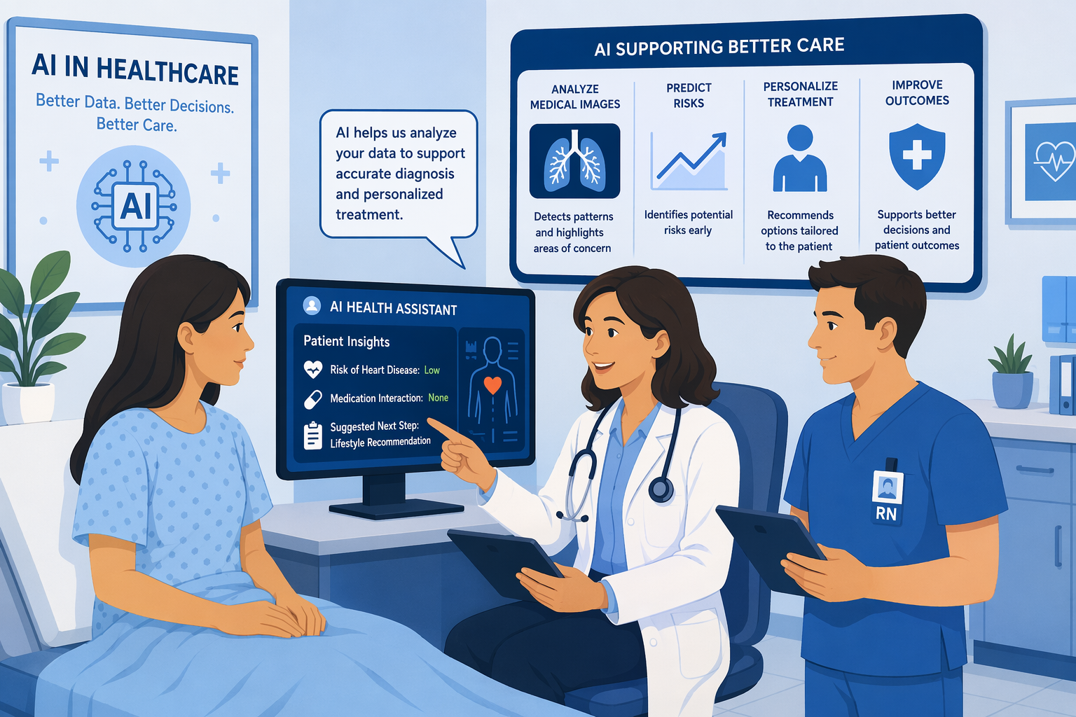 AI image of a doctor and nurse talking to a patient.