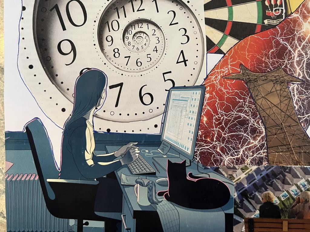 Collage created at the Story Lab. It shows a clock in a spiral, a silhouette sitting on a chair typing on a typewriter and a black cat.