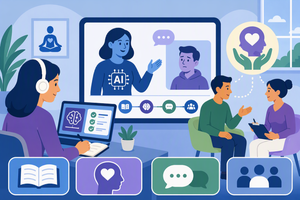 An AI-generated image showing people using technology to do health coaching research.