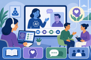 An AI-generated image showing people using technology to do health coaching research.