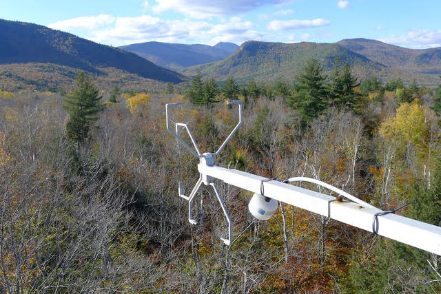 metal arm reaching out above a deciduous forest in the fall