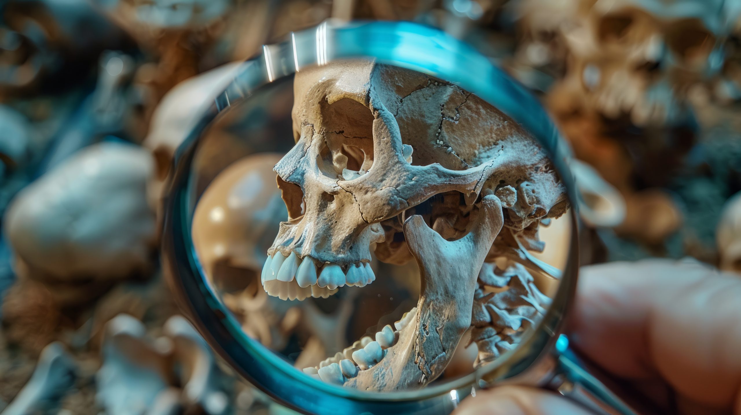 A skull with teeth being looked at with a magnifying glass
