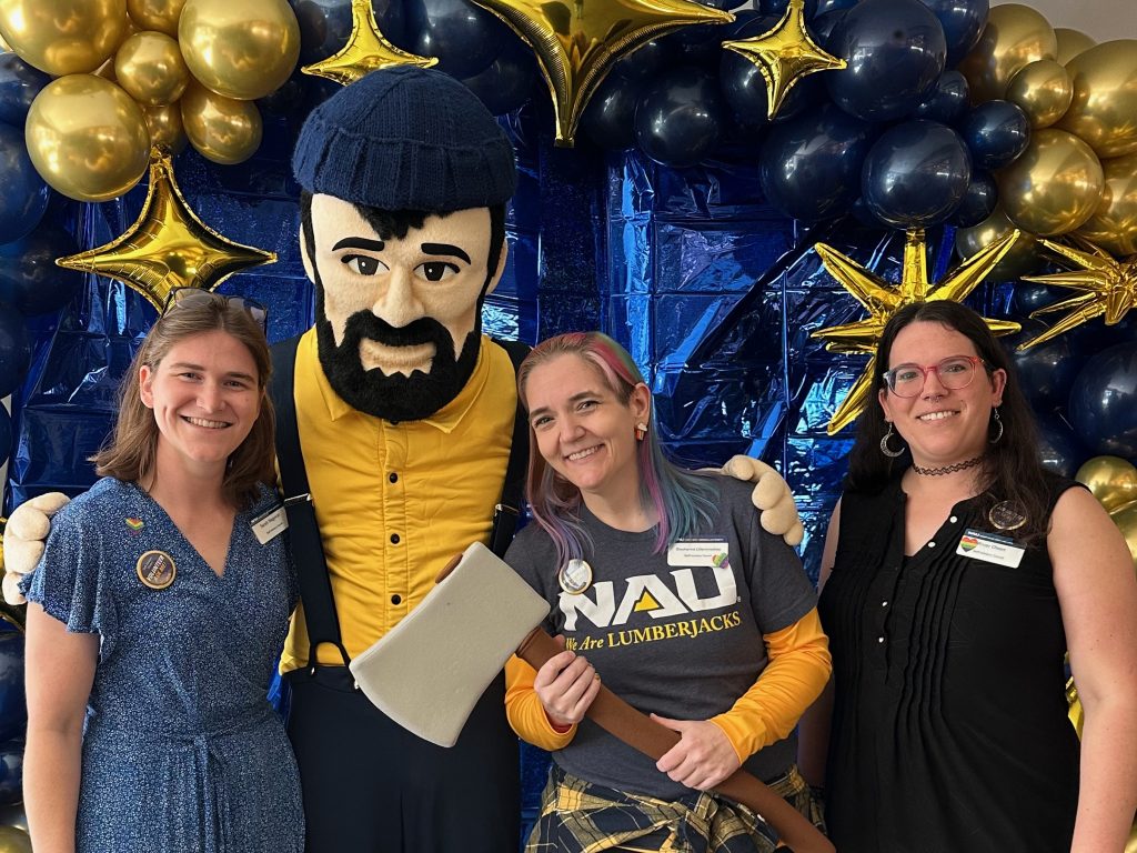 Sarah, Stephanne and River with Louie the Lumberjack.