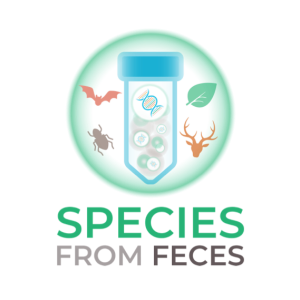 Species from Feces logo- test tube filled with DNA with eDNA sources (animals, insects, and plants) surrounding it.