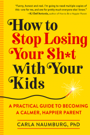 Book cover art: How to Stop Losing Your Sh*t with Your Kids: A Practical Guide to Becoming a Calmer, Happier Parent: Carla Naumburg, PhD (yellow background, image of lit fuse)