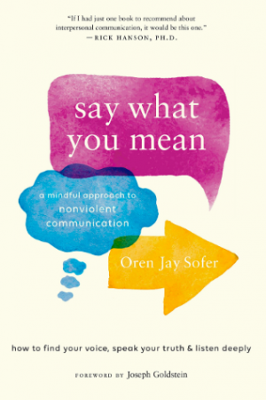 Book cover art: Say what you mean, images of text and speech bubbles and arrow